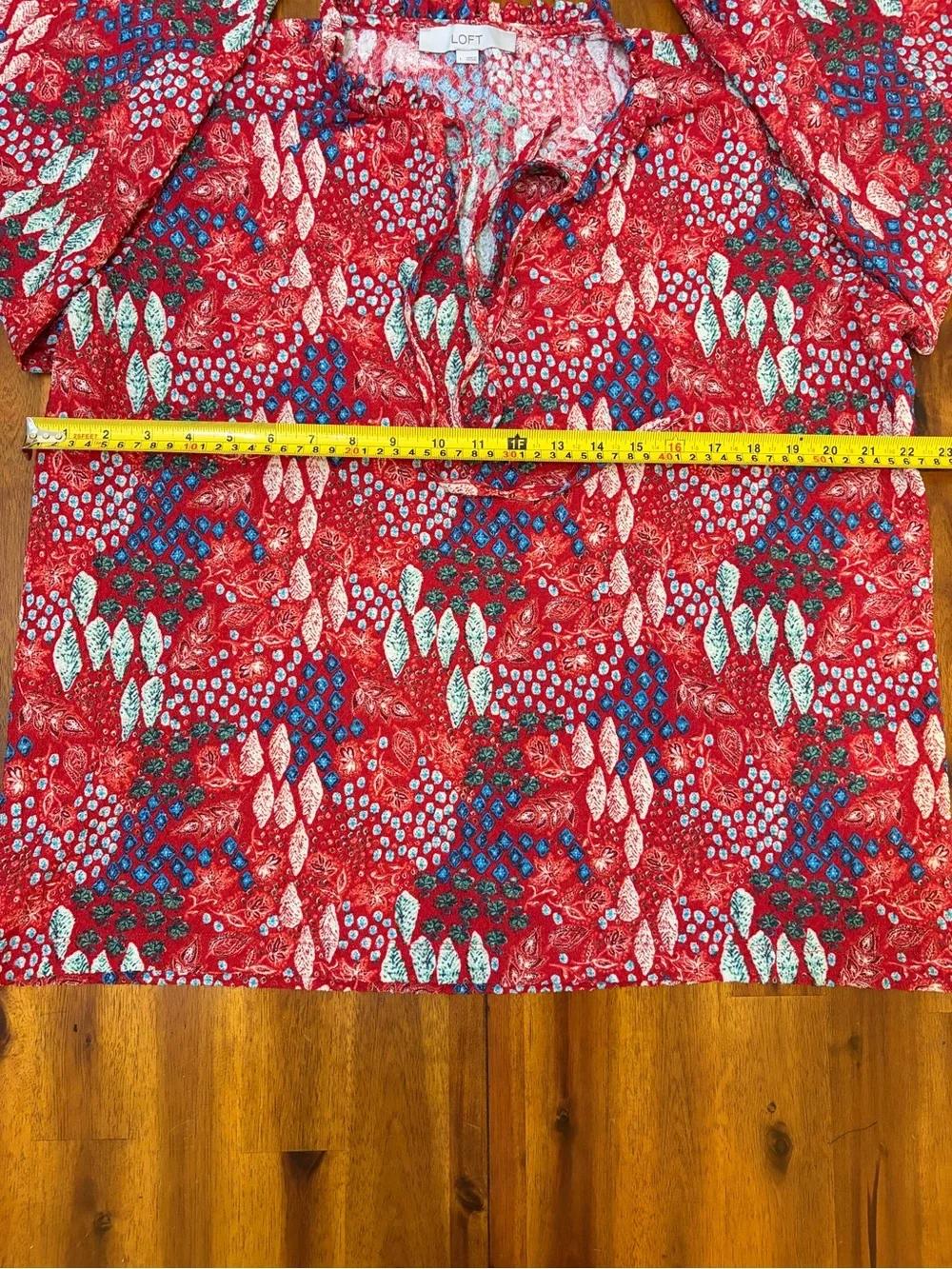 LOFT Red Floral Puff-Sleeve Square-Neck Blouse size large